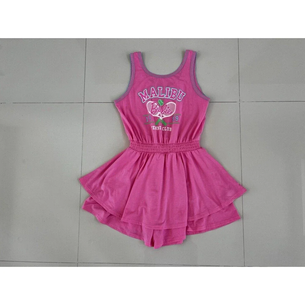 Malibu Barbie Sleeveless Graphic Print Romper Flowy Skirt Skort Tennis L 10-12